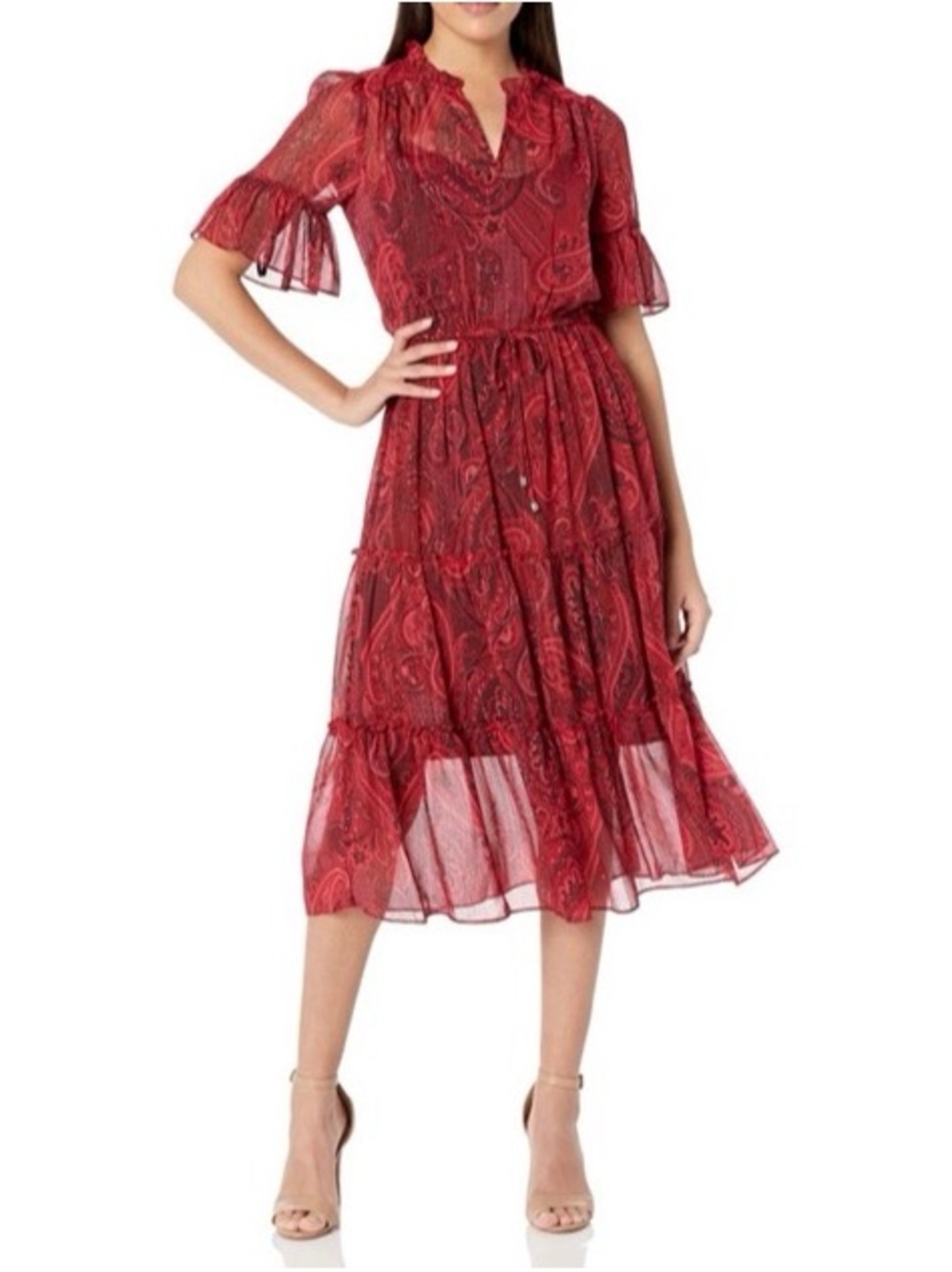 Tommy Hilfiger Red Paisley Tiered Midi Dress with Elbow-Length Sleeves